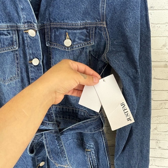 NWT JustFab Dark Wash Mini Belted Denim Shirt Dress - Picture 3 of 5